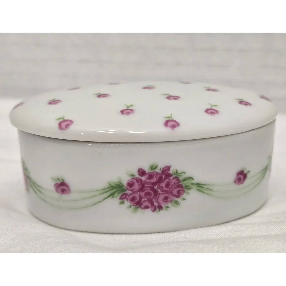 Vintage 1980 Enesco Petite Fleurs de Paris Oval Porcelain Trinket Box Pink Roses